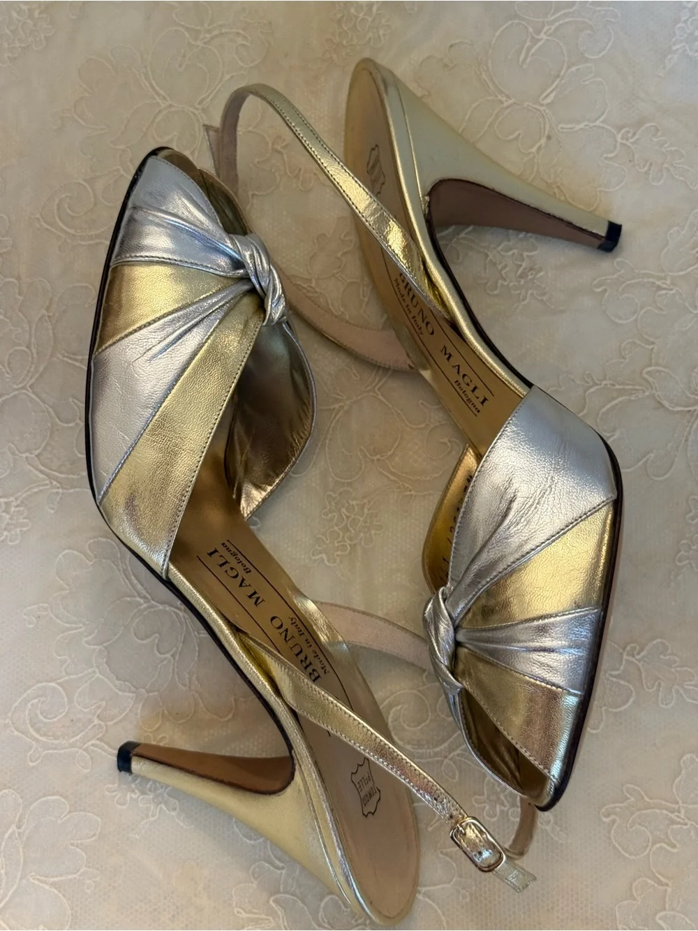 Bruno Magli Metallic Silver and Gold Knot Peep-Toe Slingback Vintage Heels